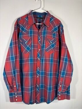 Tin Haul Western Pearl Snap Plaid Shirt Mens Red Blue Cowboy Size XL